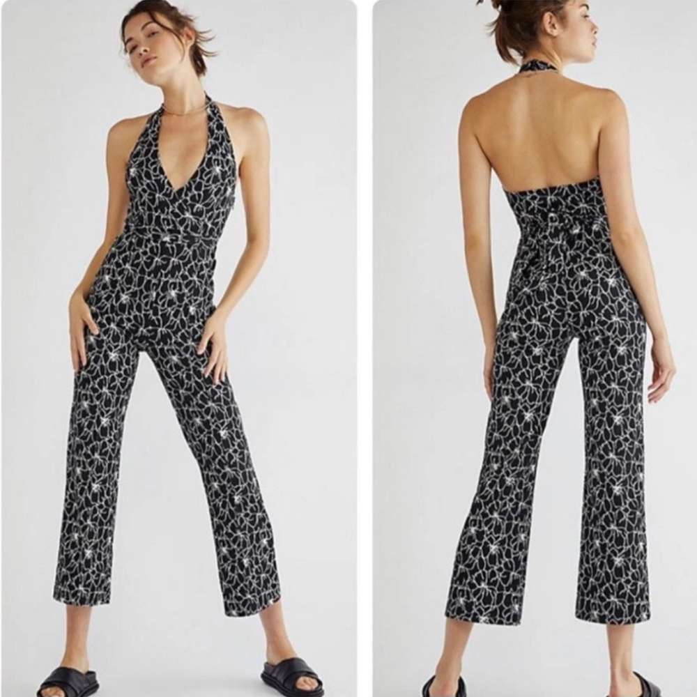 Free People Cora Black Floral Halter Jumpsuit